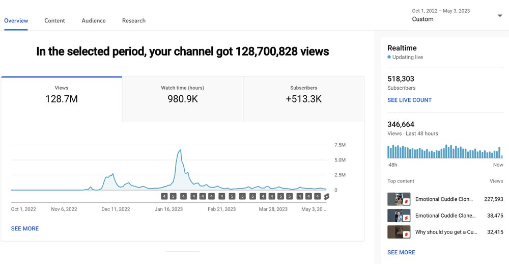 Cuddle Clones YouTube analytics, 6 months, 100M+ views